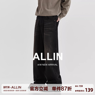 高街水洗做旧阔腿宽松直筒裤 ALLIN 男春秋季 复古黑色牛仔裤 子 美式