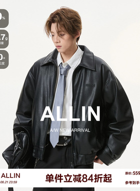 ALLIN 黑色翻领皮衣羽绒服男冬季情侣潮牌皮夹克美式机车防风外套