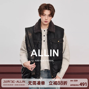 ALLIN 美式羊羔毛皮衣马甲男秋冬加绒加厚短款皮夹克情侣机车外套