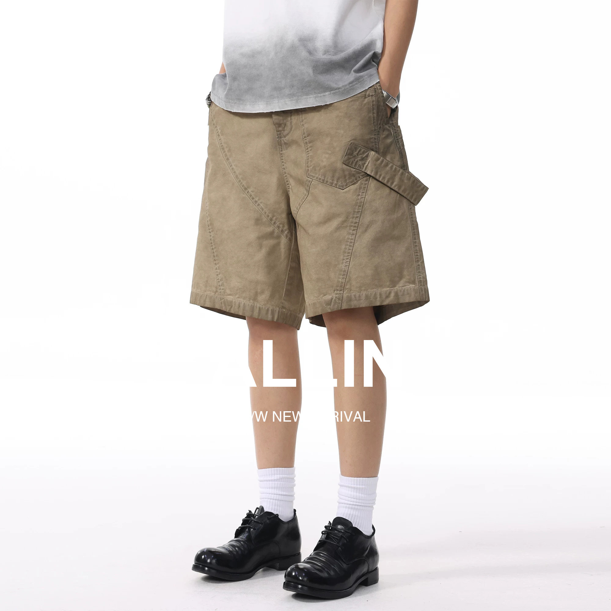 ALLIN 纯棉水洗潮牌短裤男夏季外穿薄款五分裤拼接美式高街中裤子