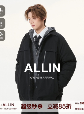 ALLIN 轻薄羽绒服男冬季宽松短款衬衫领保暖外套黑色防寒情侣夹克