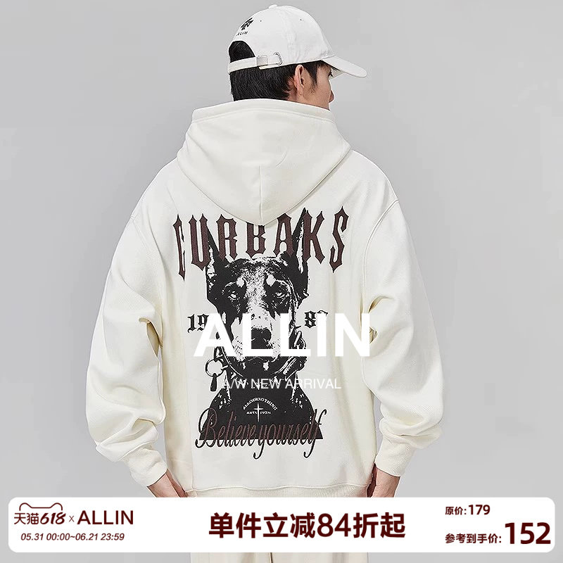 ALLIN 美式复古连帽卫衣男潮牌春秋重磅后背大狗字母印花情侣外套