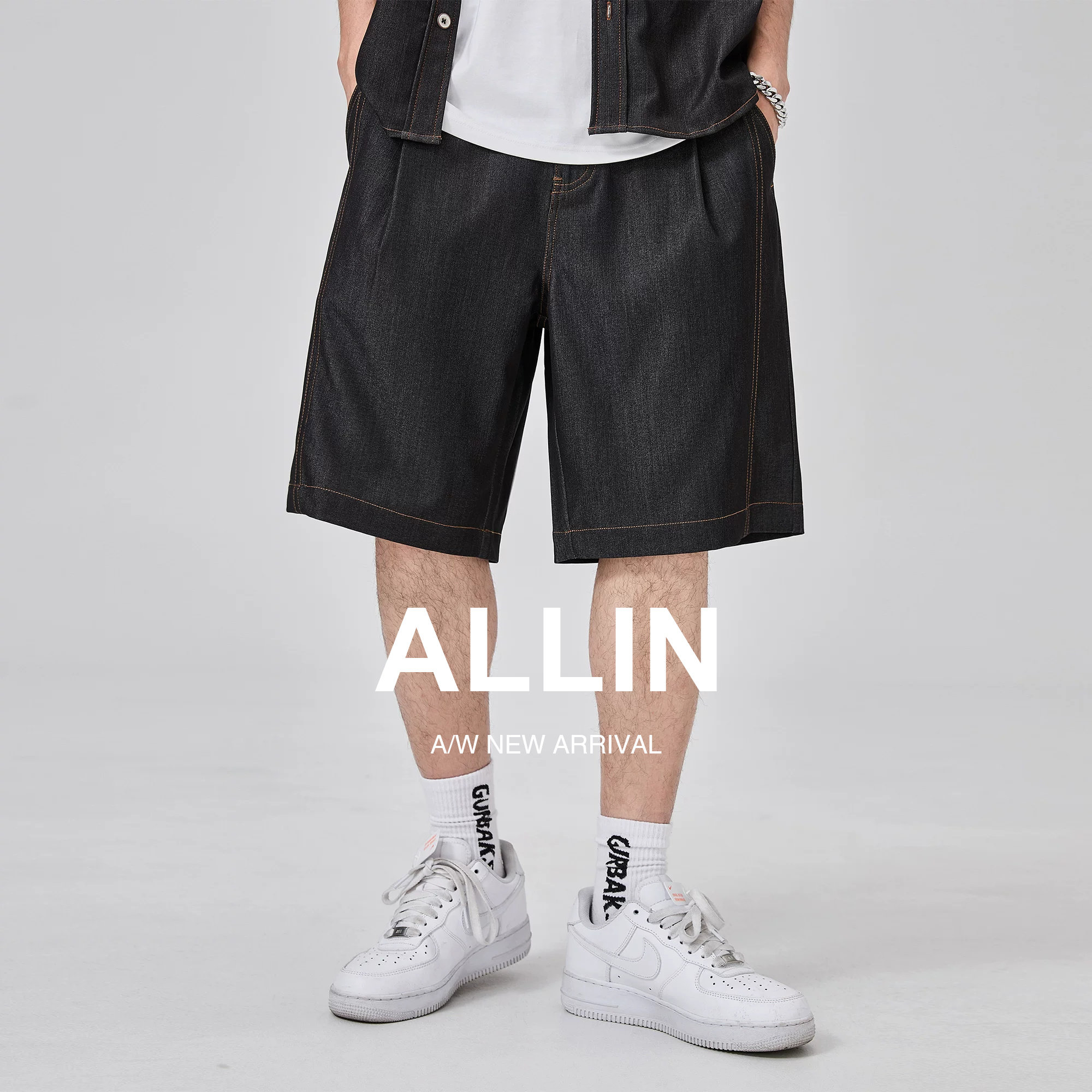 ALLIN 夏季黑色牛仔短裤男宽松直筒薄款五分裤美式原色休闲中裤子