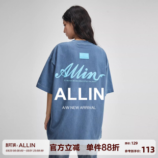 字母印花休闲半袖 ALLIN 夏季 t恤男女款 情侣上衣 水洗纯棉重磅短袖