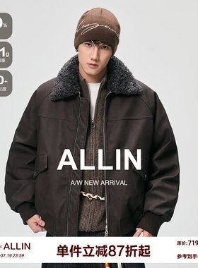 ALLIN 可拆卸毛领皮衣羽绒服男冬季防风保暖PU皮夹克情侣翻领外套