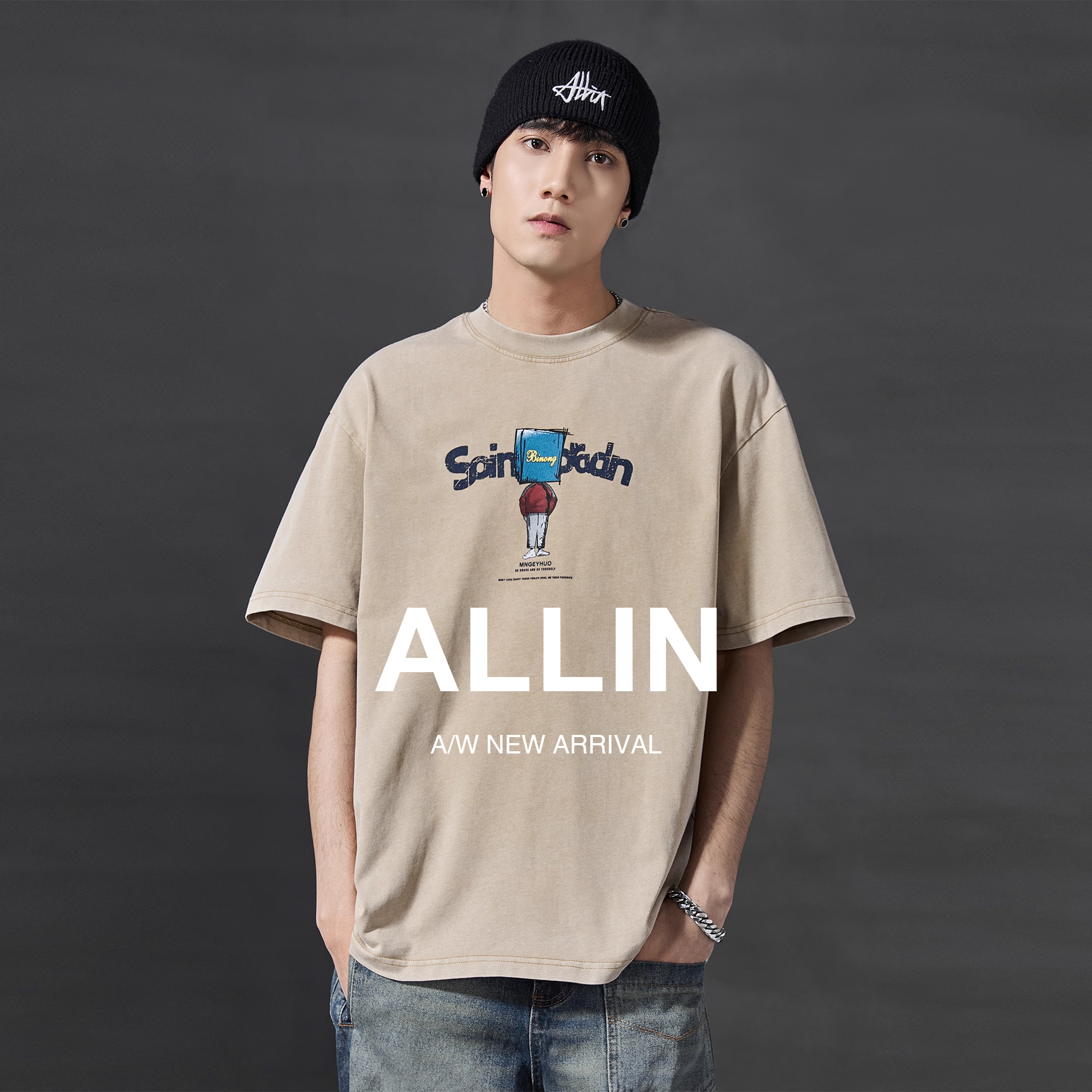 ALLIN美式潮牌卡通字母印花短袖T恤男夏重磅纯棉宽松圆领打底半袖