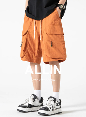 ALLIN 男士多口袋工装短裤潮牌夏季宽松透气休闲百搭橙色五分短裤