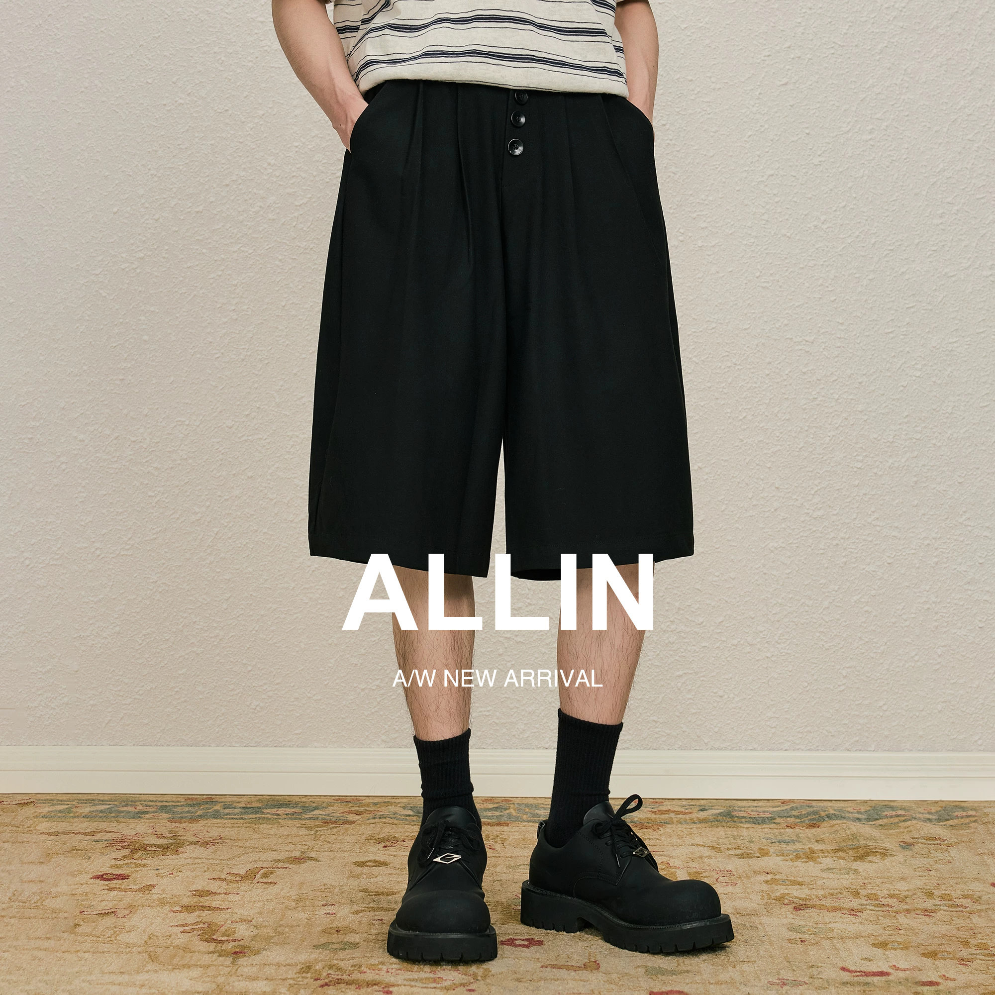 ALLIN 潮牌排扣五分短裤男夏季宽松褶皱阔腿垂感美式高街休闲中裤