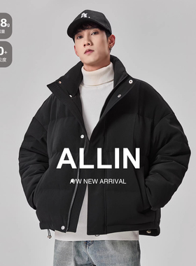 ALLIN 立领鸭绒羽绒服男冬季加厚保暖短款面包服字母压印情侣外套