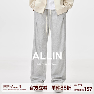直筒宽松运动卫裤 ALLIN 子男2026春秋新款 高街铆钉褶皱休闲裤 美式