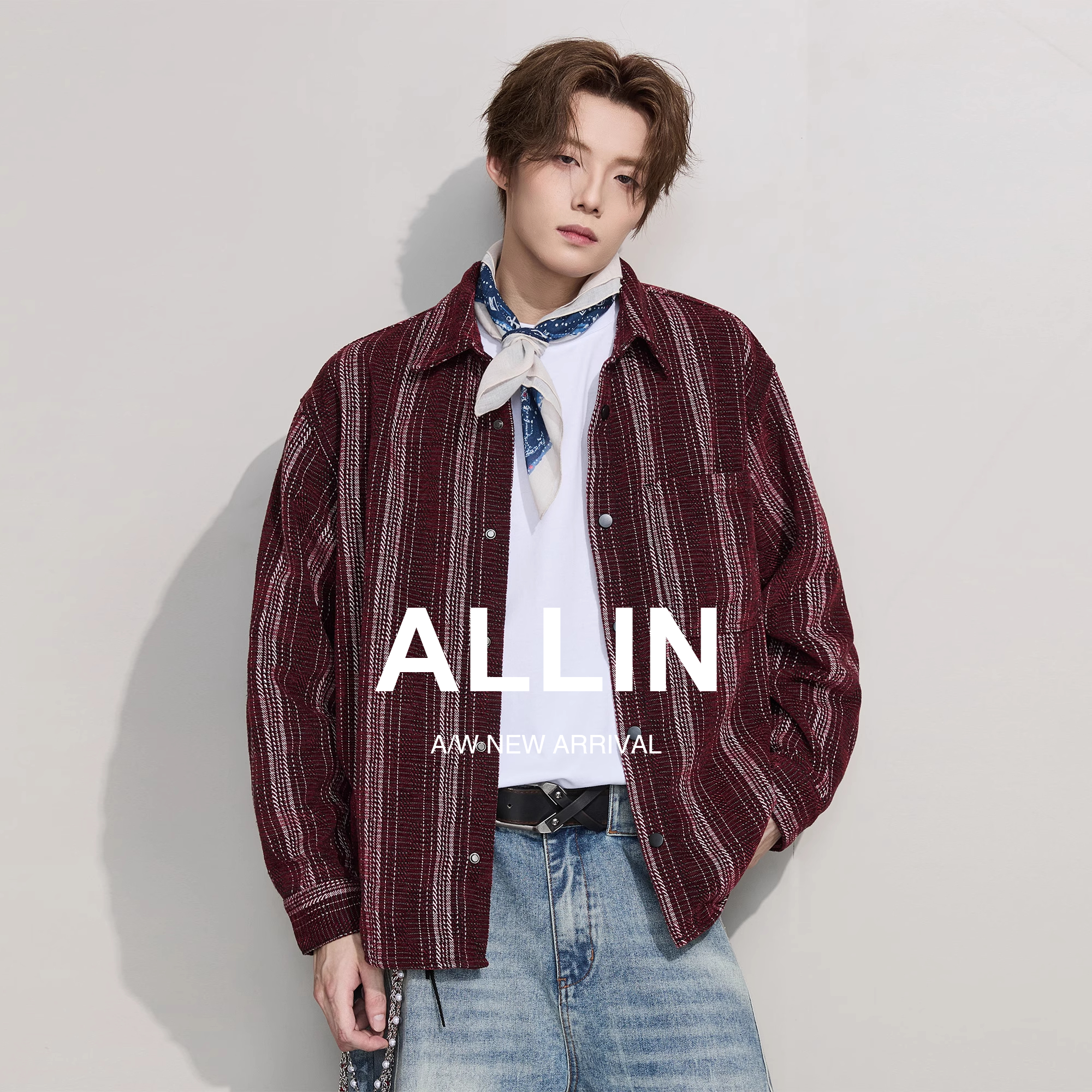 ALLIN 美式潮牌秋季复古衬衫男条纹宽松休闲长袖衬衣情侣翻领外套