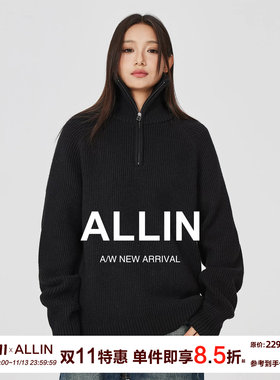 ALLIN 半拉链高领毛衣男女春秋款加厚保暖内搭黑色打底毛线针织衫
