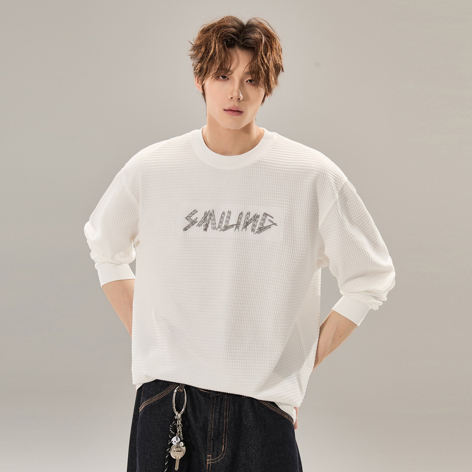 ALLIN 华夫格白色长袖T恤男春秋重磅220g打底衫情侣圆领套