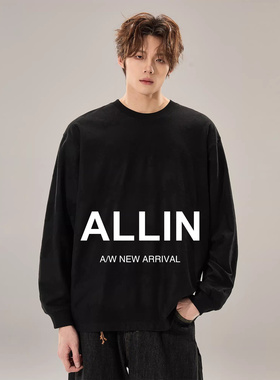 ALLIN 重磅230g黑色长袖T恤男春秋季圆领百搭打底衫情侣廓形上衣