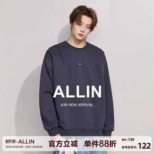 宽松潮牌情侣休闲百搭上衣 落肩袖 ALLIN 重磅褶皱圆领卫衣男春秋季