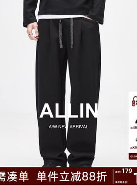 ALLIN 黑色阔腿休闲裤男秋冬潮牌垂感宽松直筒弯刀运动抽绳长裤子
