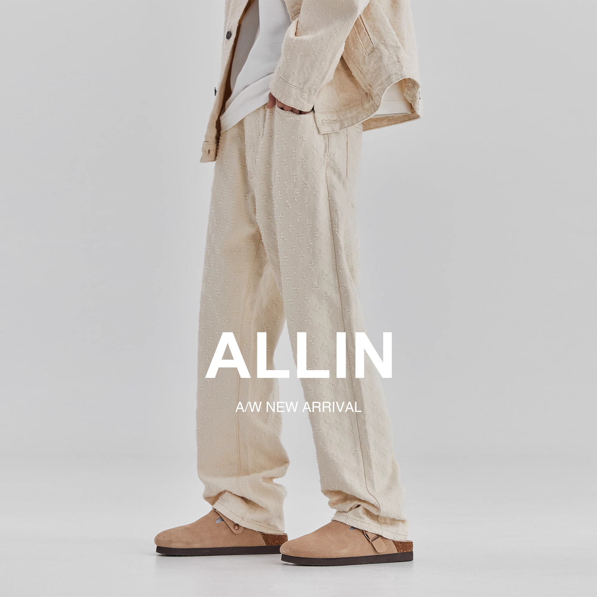 ALLIN 浅色牛仔裤男夏季美式高街休闲裤提花满印宽松直筒阔腿裤子