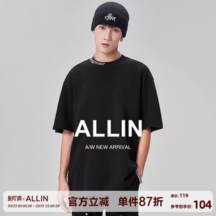 短袖 潮流黑色百搭宽松半袖 T恤男字母印花上衣 重磅黑色夏季 ALLIN