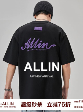 ALLIN 重磅纯棉短袖t恤男女夏季黑色五分袖字母发泡印花半袖上衣