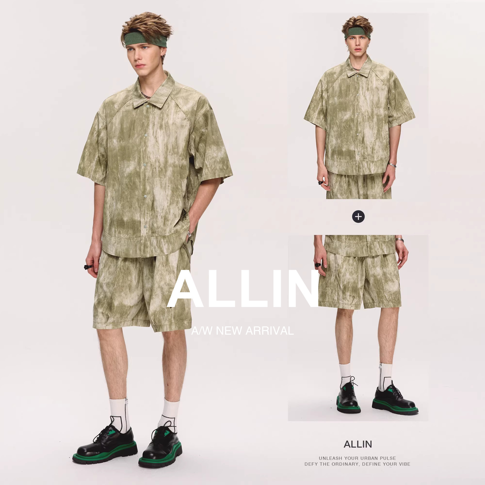 ALLIN 短袖衬衫休闲短裤一整套高级感轻奢风夏季男士穿搭两件套