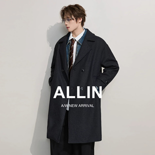 ALLIN 翻领毛呢大衣男士中长款冬季保暖加厚含绵羊毛呢子情侣外套