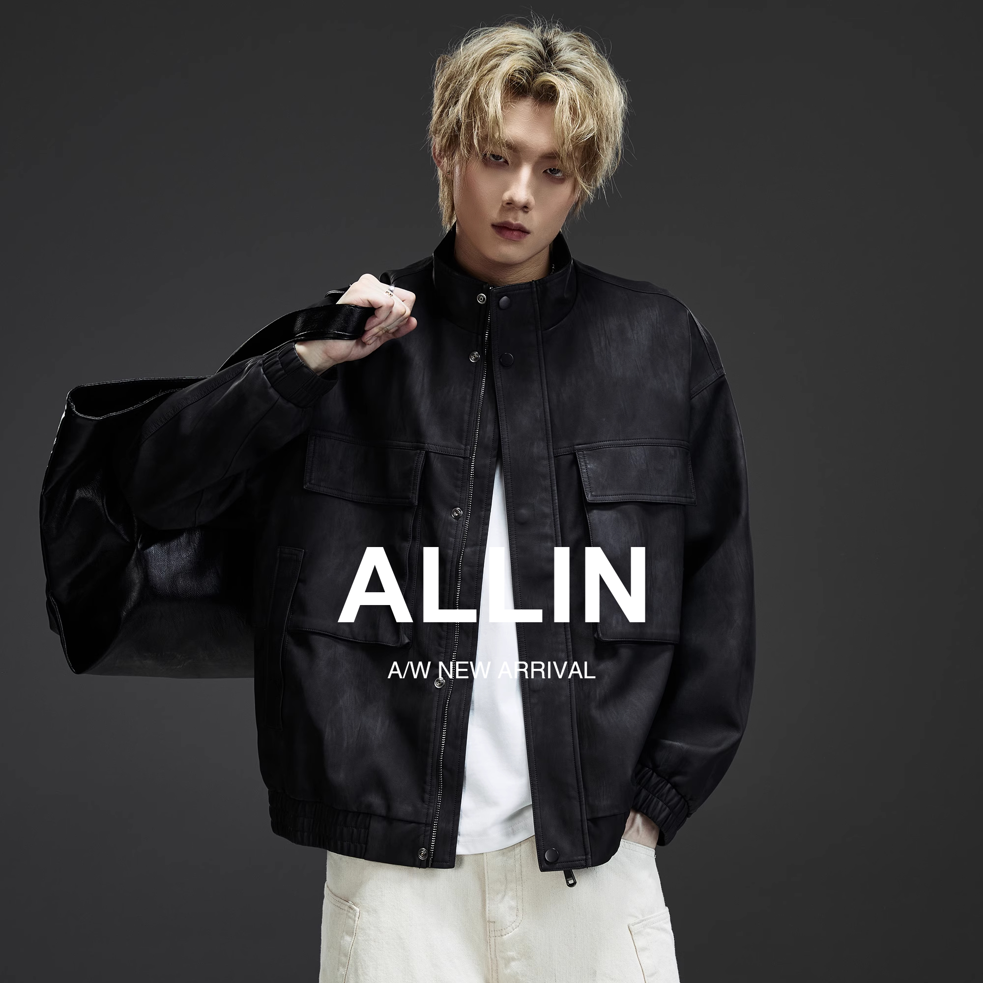 ALLIN 潮牌立领PU皮夹克男秋冬廓形宽松短款休闲机车皮衣情侣外套