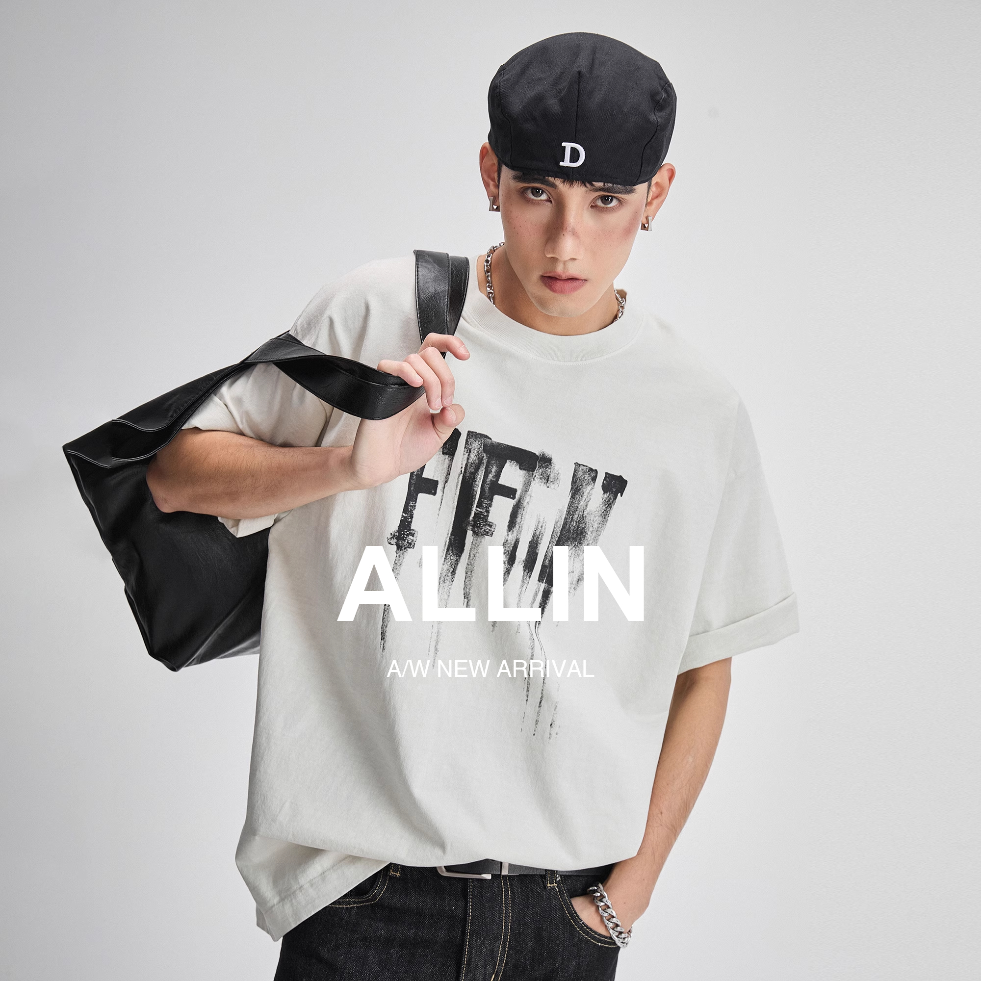 ALLIN 纯棉重磅短袖t恤男夏季字母涂鸦做旧宽松美式情侣半袖上衣