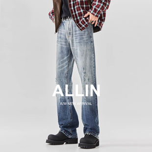 高街破洞裤 男秋冬潮牌直筒微喇渐变美式 子 纹理感磨破牛仔裤 ALLIN