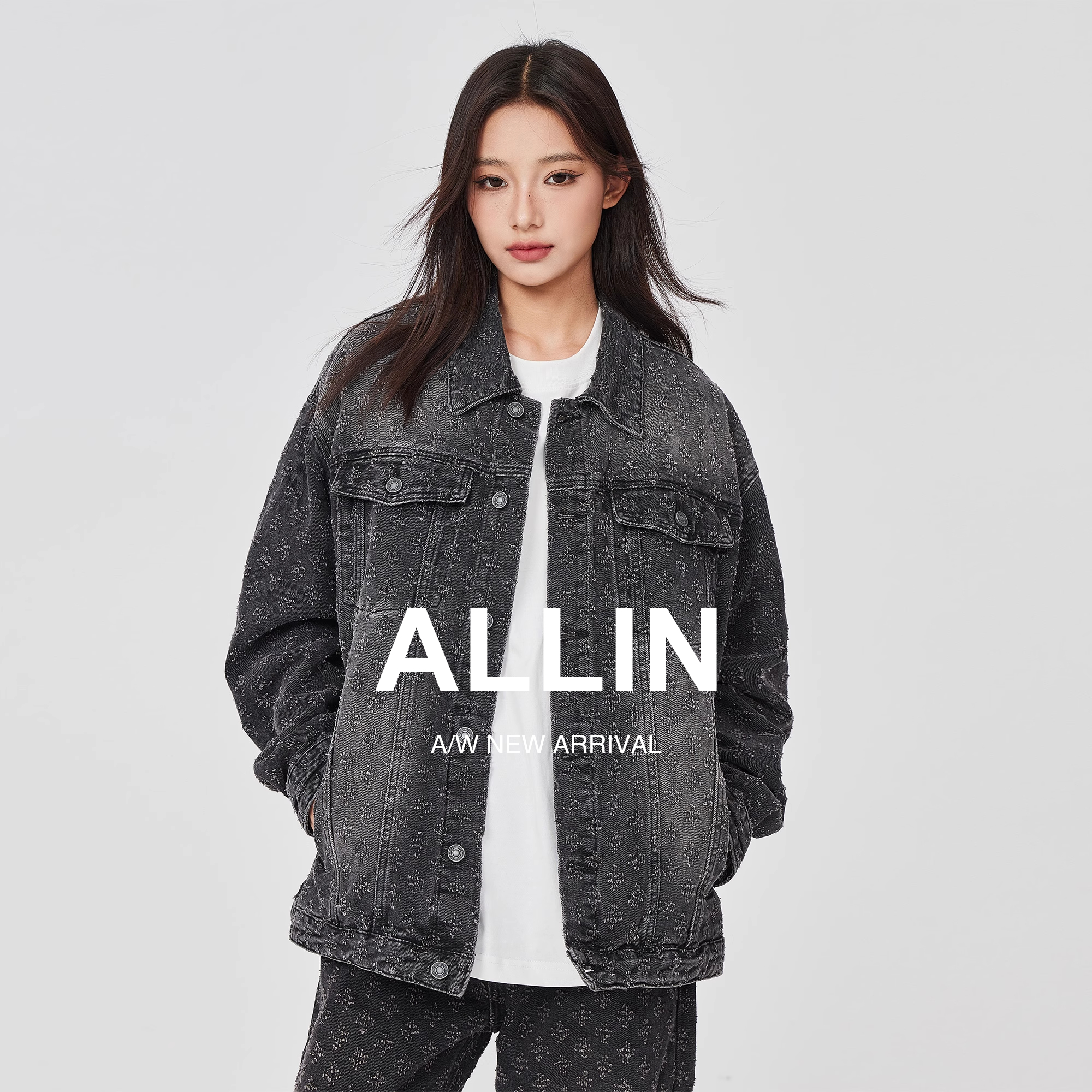 ALLIN 提花满印牛仔夹克男女同款春秋潮流高街设计感水洗做旧外套