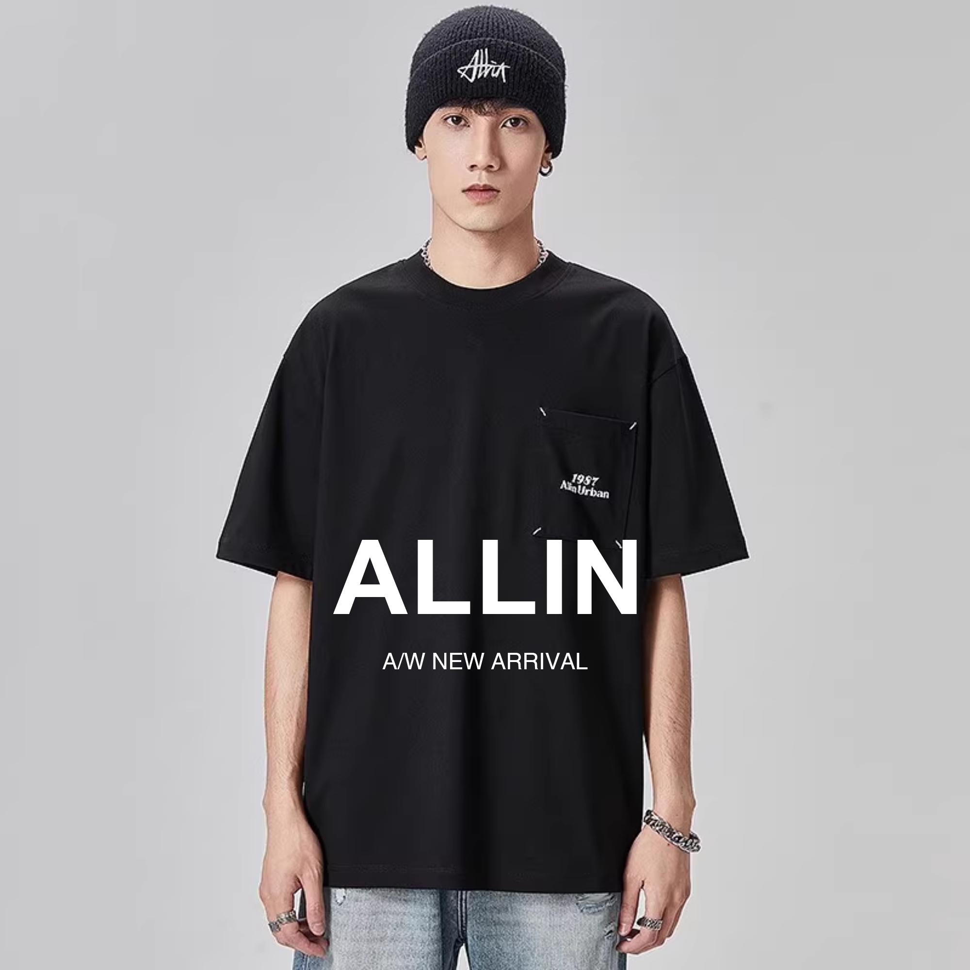 ALLIN美式简约潮牌黑色短袖t恤