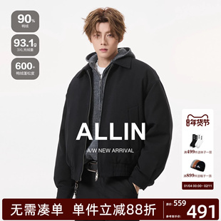 ALLIN 黑色cleanfit翻领夹克羽绒服男生冬季短款廓形保暖情侣外套