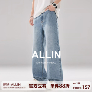 男春秋潮牌宽松直筒阔腿休闲长裤 复古水洗弯刀牛仔裤 子 美式 ALLIN