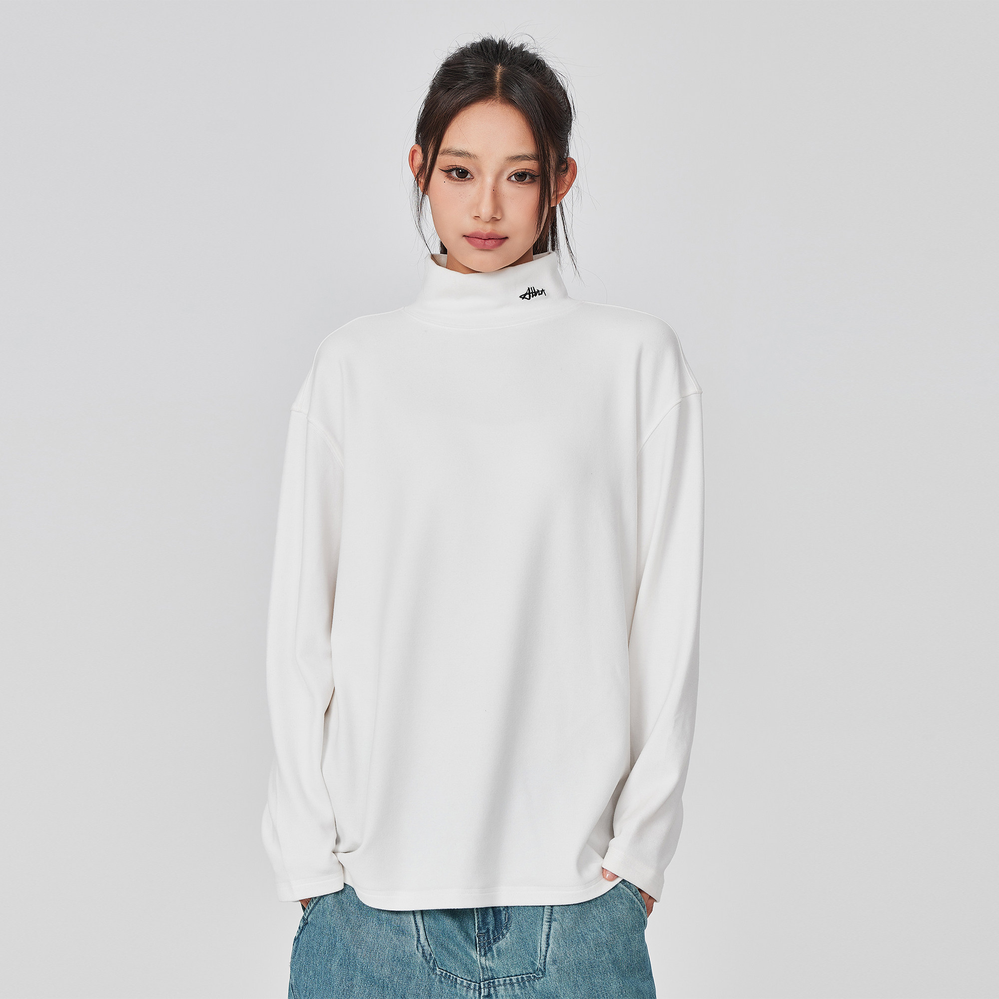 ALLIN 半高领t恤男女款秋冬字母刺绣打底衫百搭纯色内搭情侣上