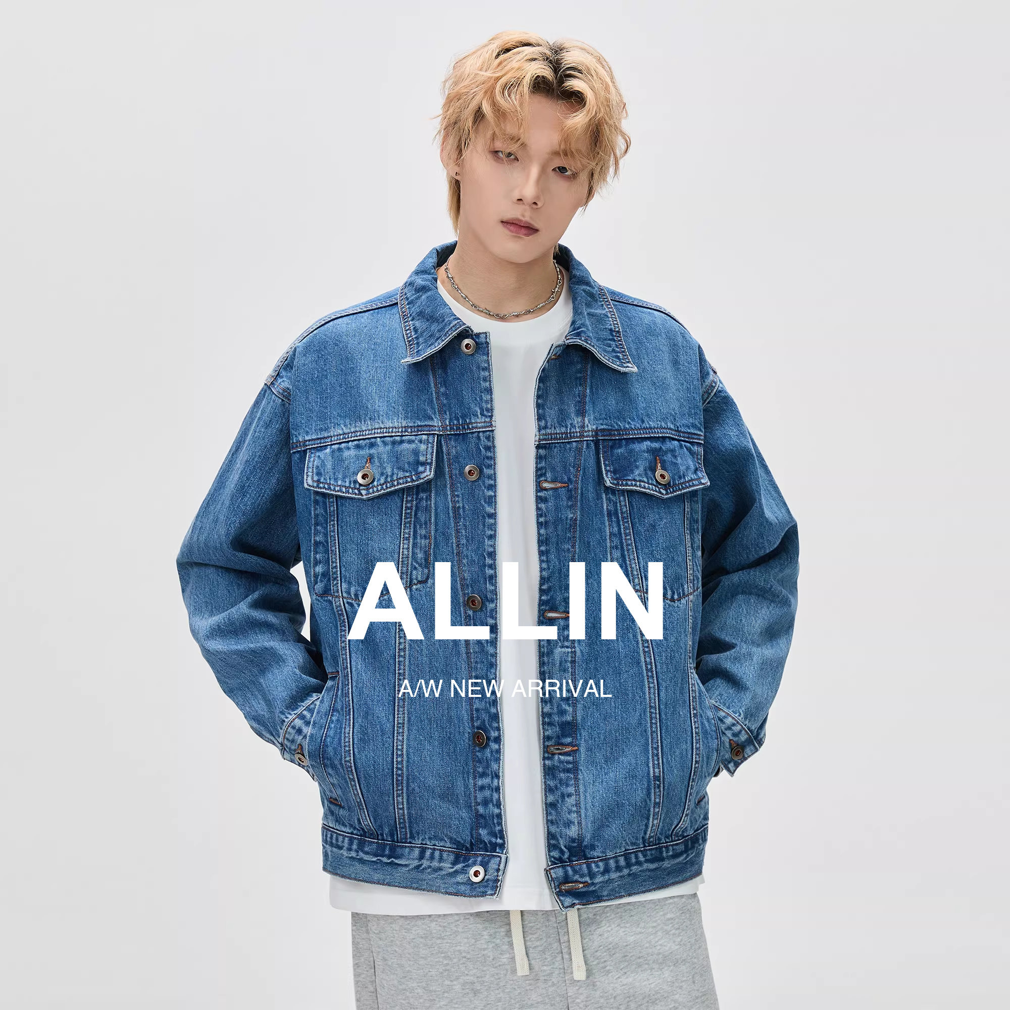ALLIN 纯棉牛仔外套男春秋季潮牌宽松cleanfit翻领牛仔衣情侣夹克