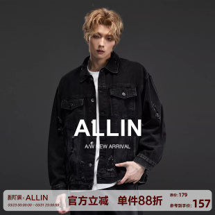 复古黑色牛仔衣情侣潮牌外套 美式 ALLIN 破洞水洗牛仔外套男春秋季