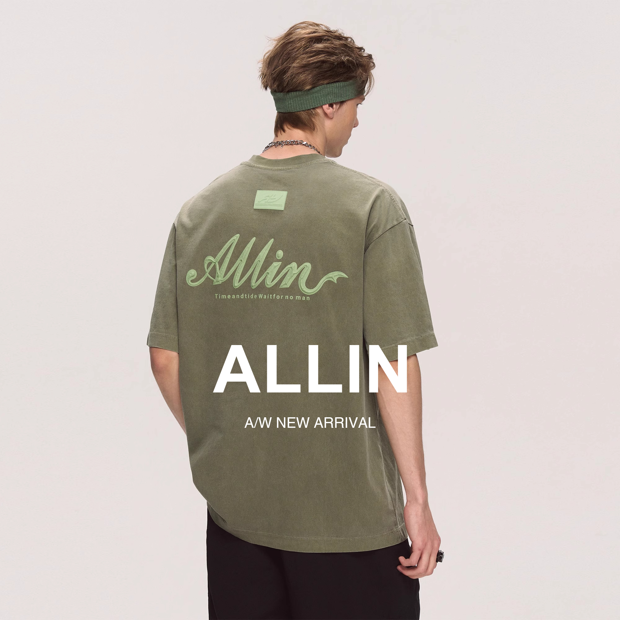 ALLIN 绿色纯棉重磅短袖t恤男夏季圆领水洗体恤字母印花半袖上衣