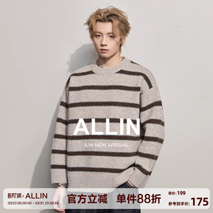 ALLIN 毛衣男春秋圆领套头潮牌慵懒休闲情侣外套 条纹含羊毛针织衫