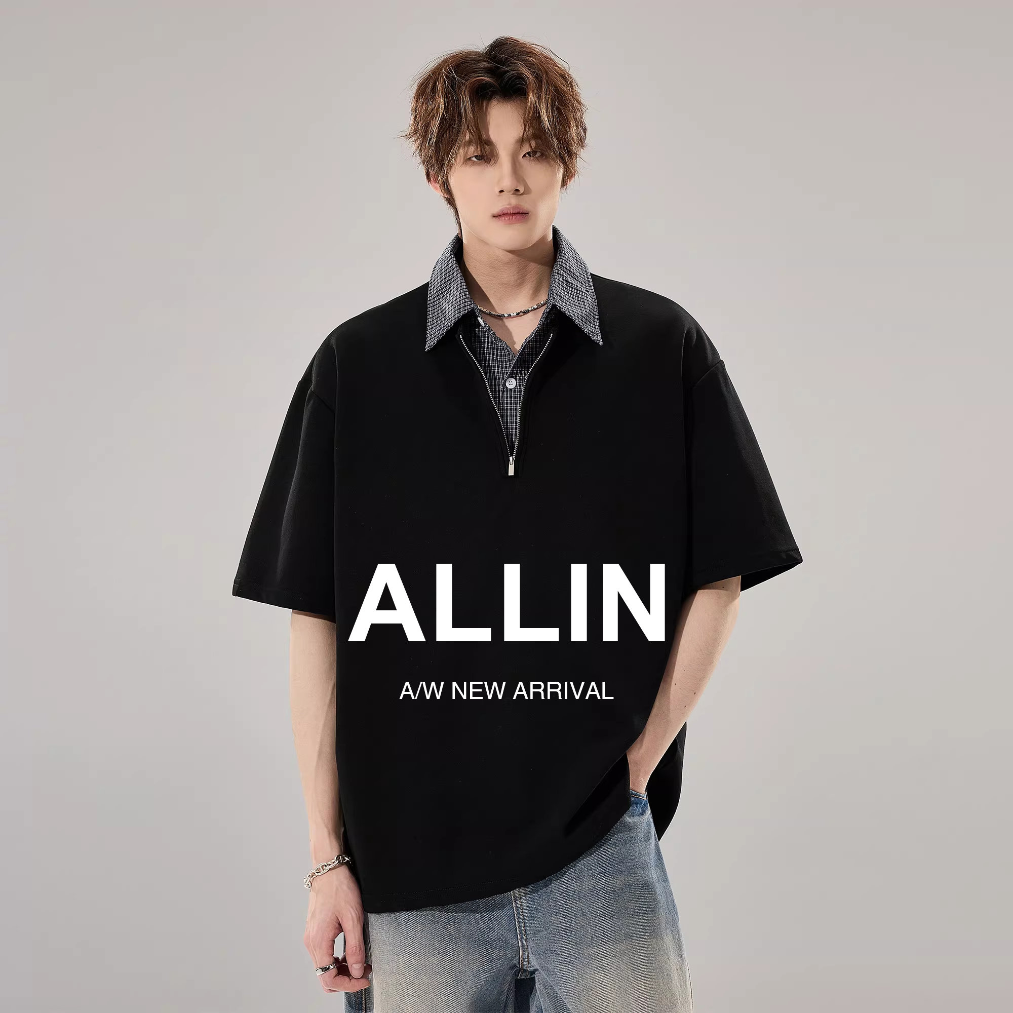 ALLIN 黑色假两件短袖T恤男夏季半拉链衬衫领拼接polo衫情