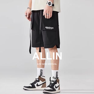 薄款 男夏季 美式 高街运动五分裤 子 ALLIN 潮牌潮流中裤 黑色休闲短裤