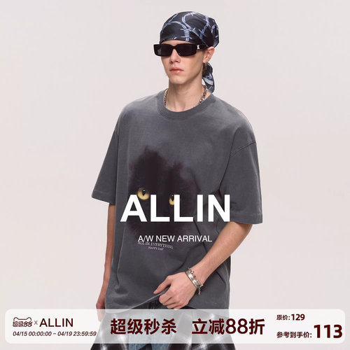 ALLIN 潮牌黑猫印花短袖t恤男夏季纯棉重磅美式半袖情侣百搭上衣