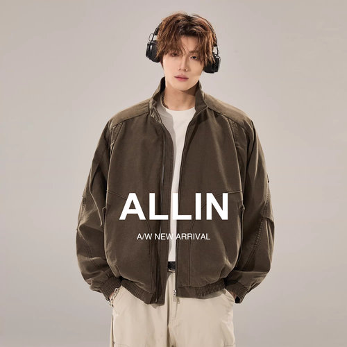 ALLIN 哈灵顿立领夹克男春秋季复古莱赛尔情侣短款工装飞行员外套