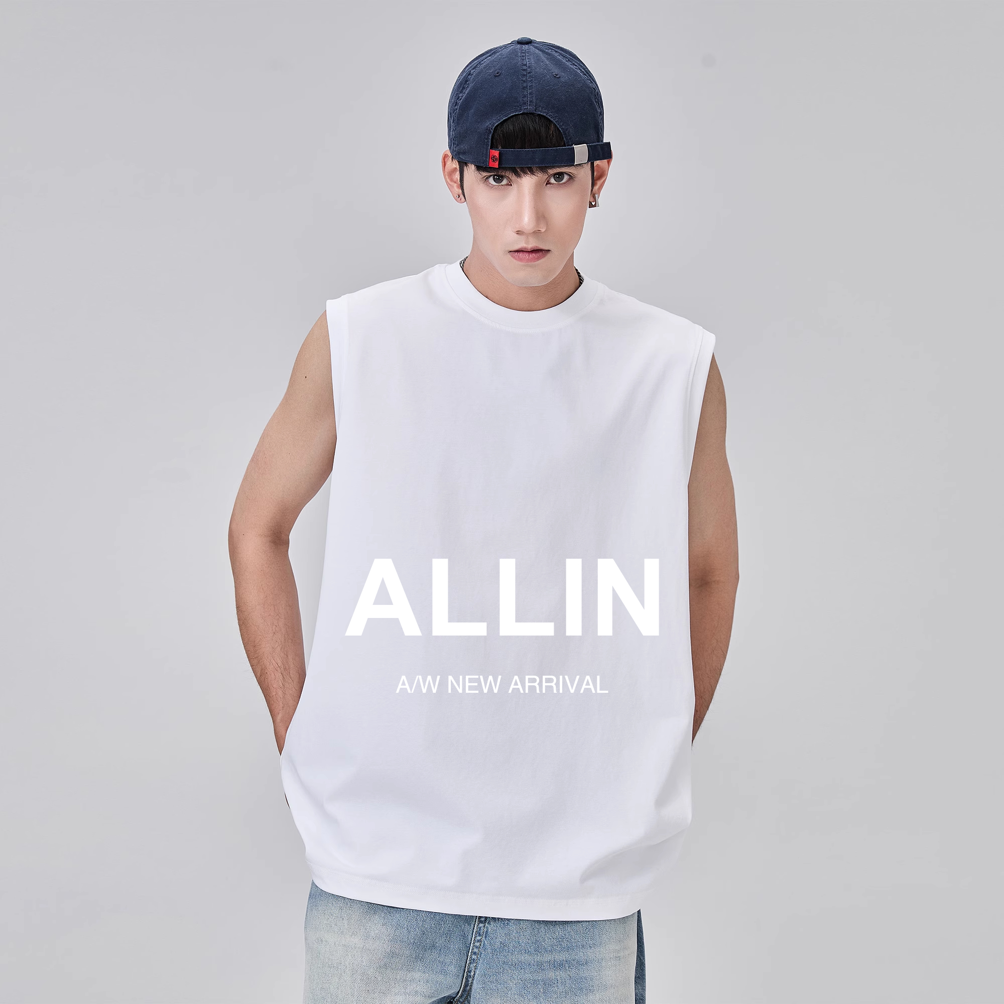 ALLIN 纯色坎肩背心男夏季潮牌美式篮球健身运动休闲纯棉无袖t恤