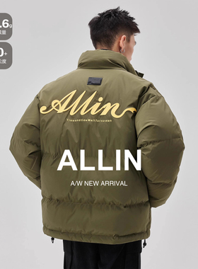 ALLIN 短款立领羽绒服男冬季字母刺绣防寒服鸭绒加厚保暖情侣外套