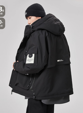 ALLIN 黑色连帽羽绒服男生冬季美式潮牌加厚保暖情侣工装休闲外套