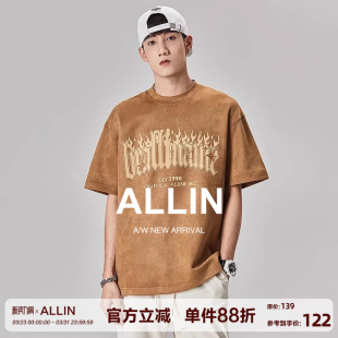 潮牌潮流重磅情侣五分半袖 t恤男夏季 上衣 火焰字母印花短袖 ALLIN