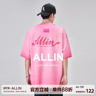 纯棉字母印花半袖 t恤男夏季 宽松圆领情侣上衣 重磅渐变短袖 ALLIN