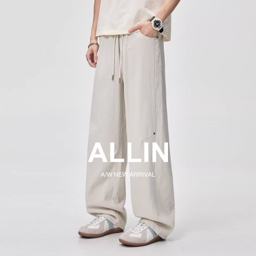 ALLIN 纯棉休闲弯刀裤男生春秋潮牌拼接宽松阔腿长裤直筒拖地裤子
