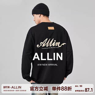 t恤男女春秋纯棉重磅字母印花圆领套头百搭打底衫 ALLIN 黑色长袖