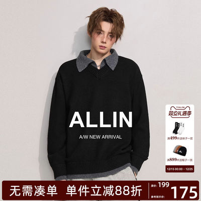 ALLIN 假两件v领翻领毛衣男秋冬cleanfit高级针织衫上衣慵懒外套