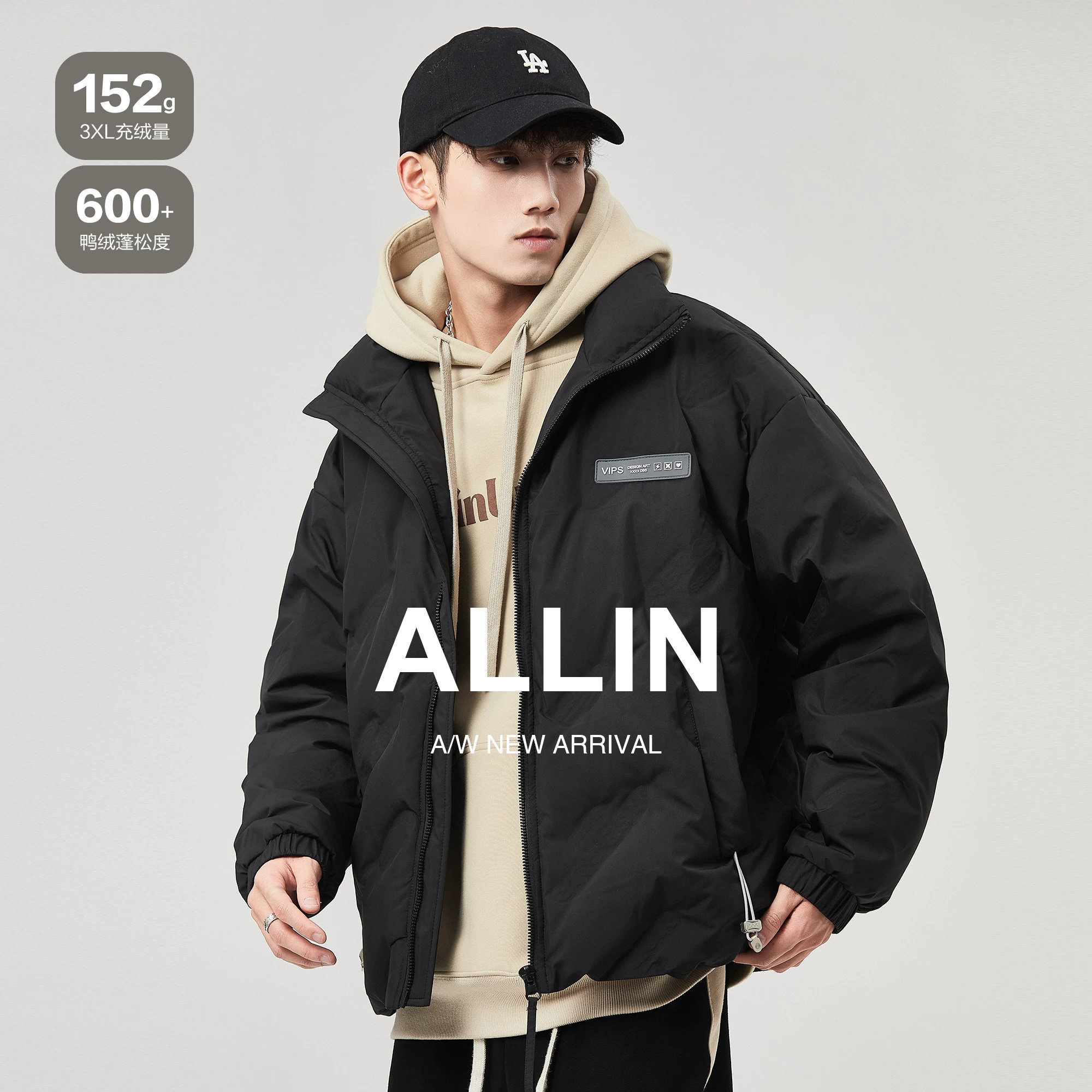 ALLIN 黑色羽绒服男士冬季美式潮牌白鸭绒内胆青少年短款情侣外套